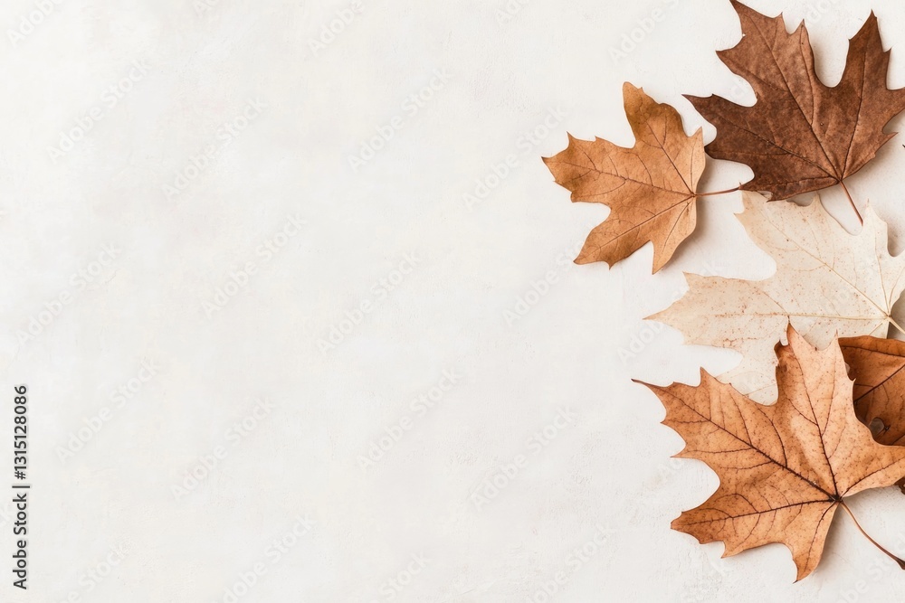 Poster autumn leaves in muted shades gently resting on soft textured background evoking serene transition i