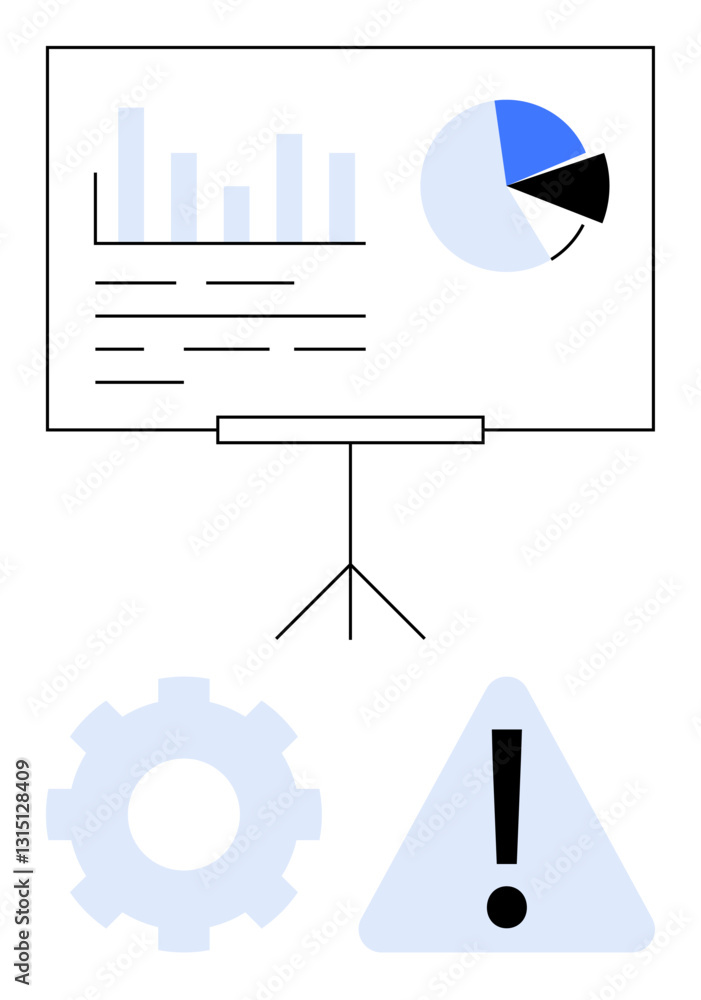 Poster presentation board with bar graph, pie chart, and text lines above configuration gear and warning ic
