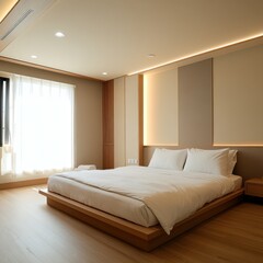 A modern bedroom shows contemporary minimalist design and features