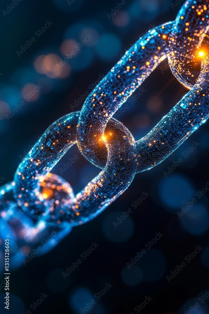 Poster close-up view of a shiny metallic chain with sparkling blue light in an abstract background