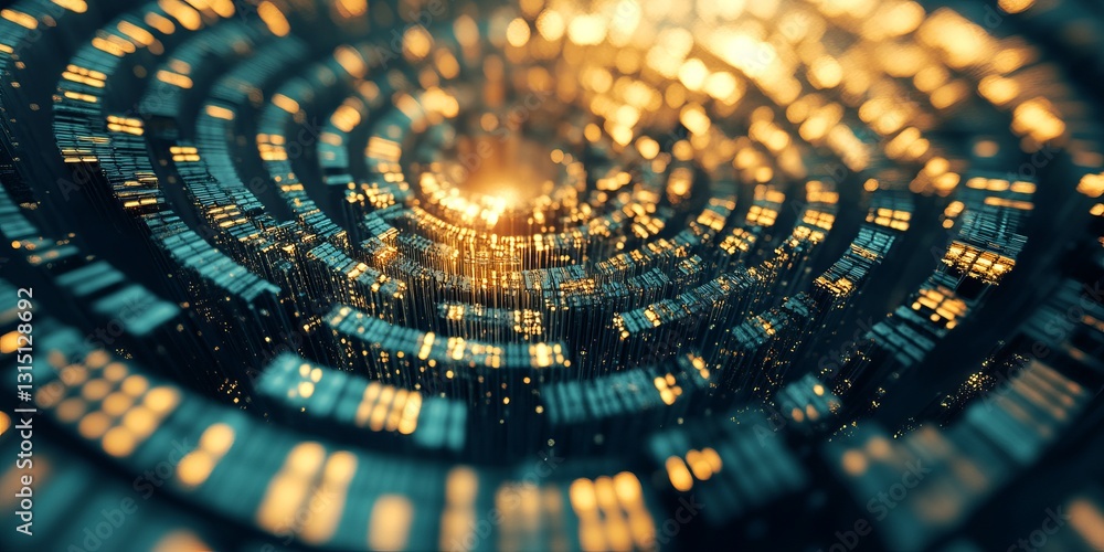 Poster abstract circular pattern with golden light and blue elements
