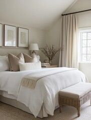 Comfortable modern bedroom with neutral colors and soothing aesthetics