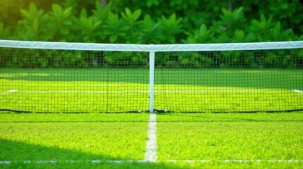 Fototapeta premium A pristine green lawn tennis court awaits a game, the net stands ready, bathed in sunlight against a lush backdrop of vibrant green foliage.
