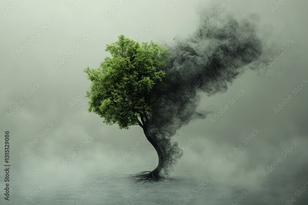 Poster this striking image captures a tree surrounded by swirling smoke in a foggy setting, symbolizing tra