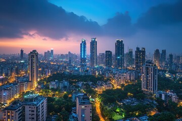 Obraz premium Cityscape at twilight, skyscrapers, buildings, lights, sunset, dusk, urban, skyline, metropolis.