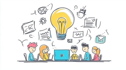 A team brainstorming advertising ideas with sketches and laptops on a white isolated background