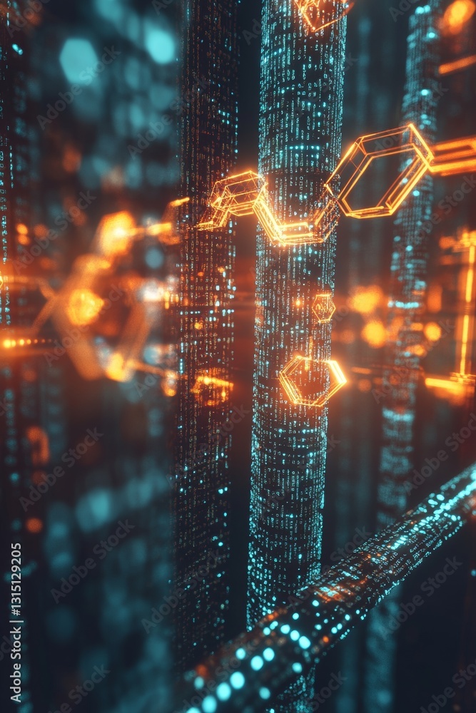 Poster futuristic abstract digital network visualization with neon lights and geometric patterns