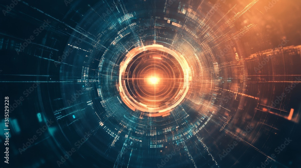 Poster this abstract image showcases a digital interface with vibrant glowing circular patterns and light r