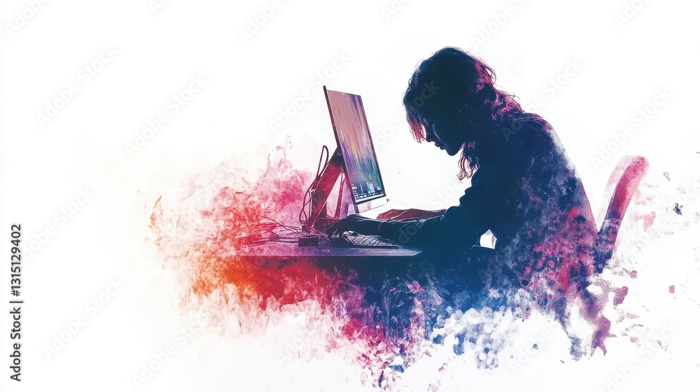 Poster a person editing a video advertisement on a computer with visual effects on a white isolated backgro