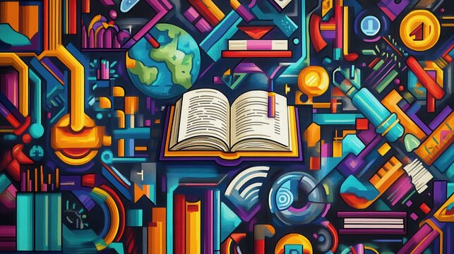 A vibrant abstract painting featuring a stylized book surrounded by an array of colorful objects, including flowers, geometric shapes, and whimsical patterns, creating a lively, artistic atmosphere.