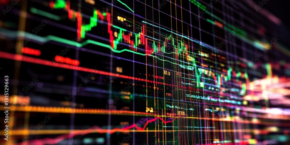 Poster dynamic financial data visualization with colorful graphs and charts representing market trends