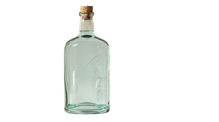 Transparent glass bottle with cork lid containing clear liquid