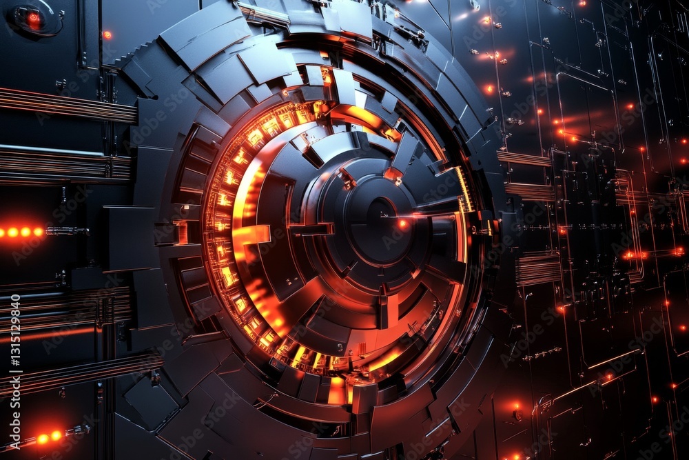 Poster futuristic abstract technology design featuring metallic core with illuminated elements and patterns