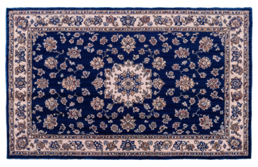 Ornamental carpet pattern with intricate floral medallion design and ornate border in deep blue and cream tones on transparent background, classic home decor, png