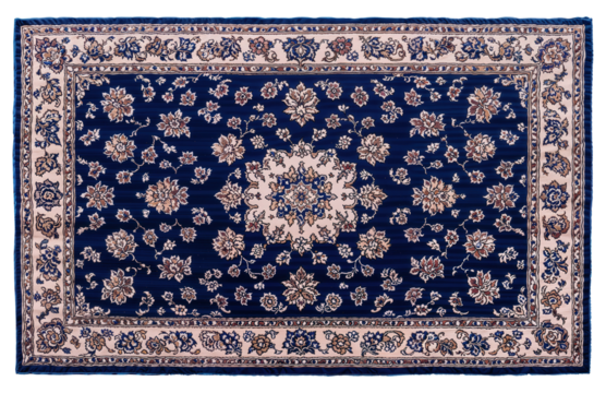 Ornamental carpet pattern with intricate floral medallion design and ornate border in deep blue and cream tones on transparent background, classic home decor, png