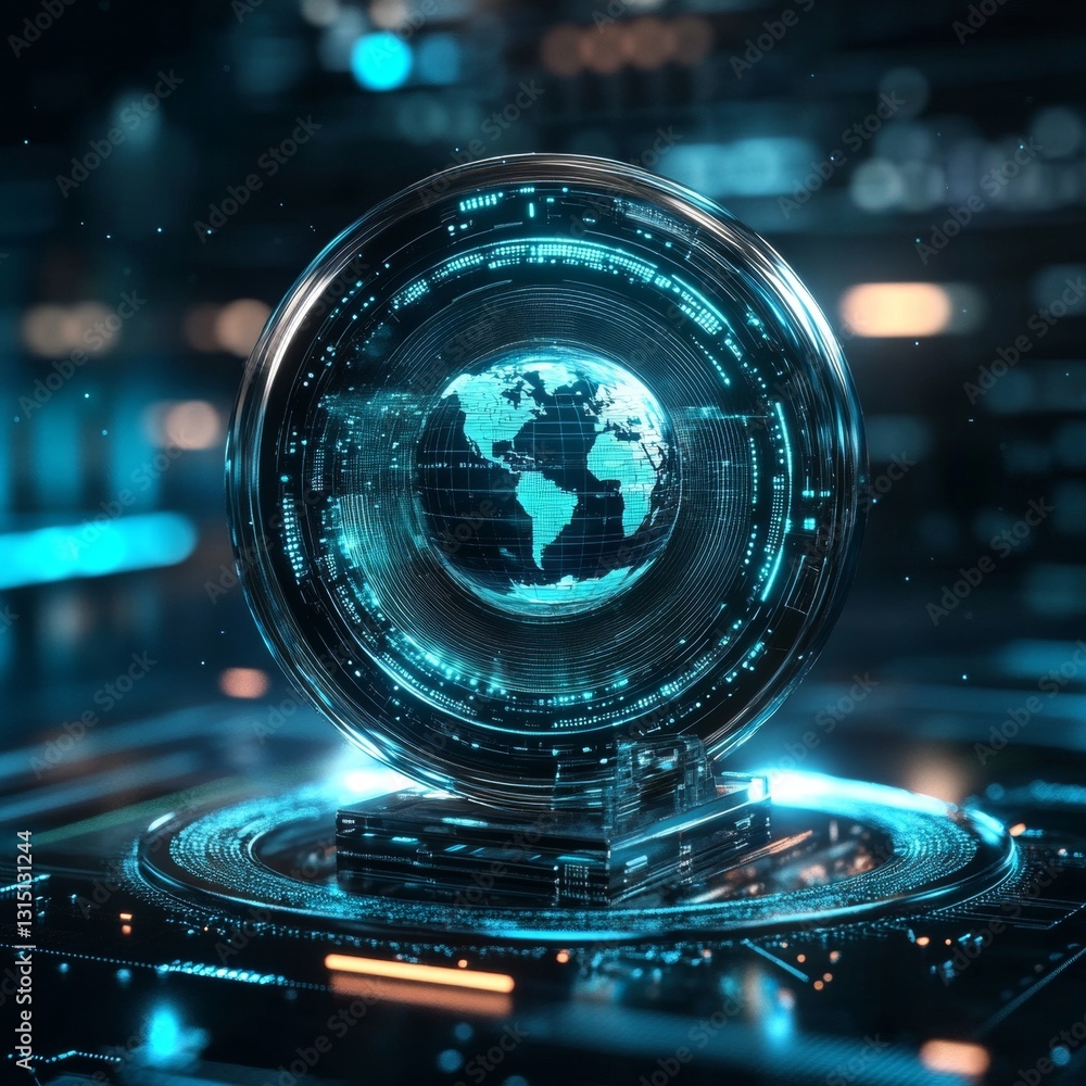 Poster futuristic digital globe displaying global data connections in a high-tech environment