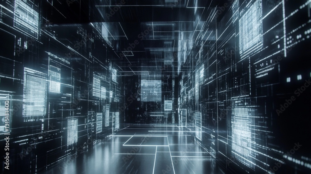 Poster futuristic digital environment with abstract alphanumeric data and illuminated patterns