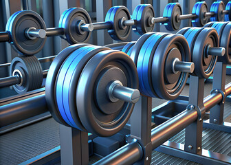 Close.up view of a rack of dumbbells in a gym. The weights are arranged neatly and ready for use.