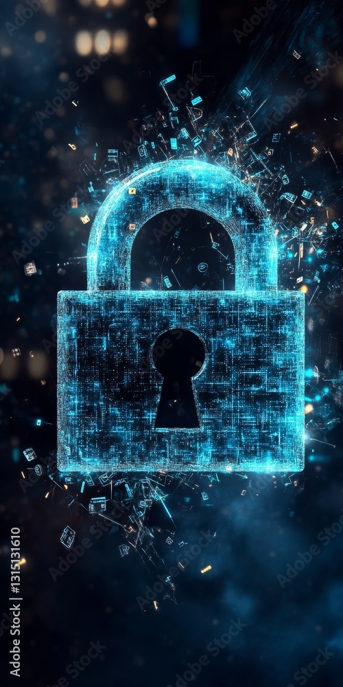 Poster digital lock icon with sparkling effects representing security and data protection in cyber space