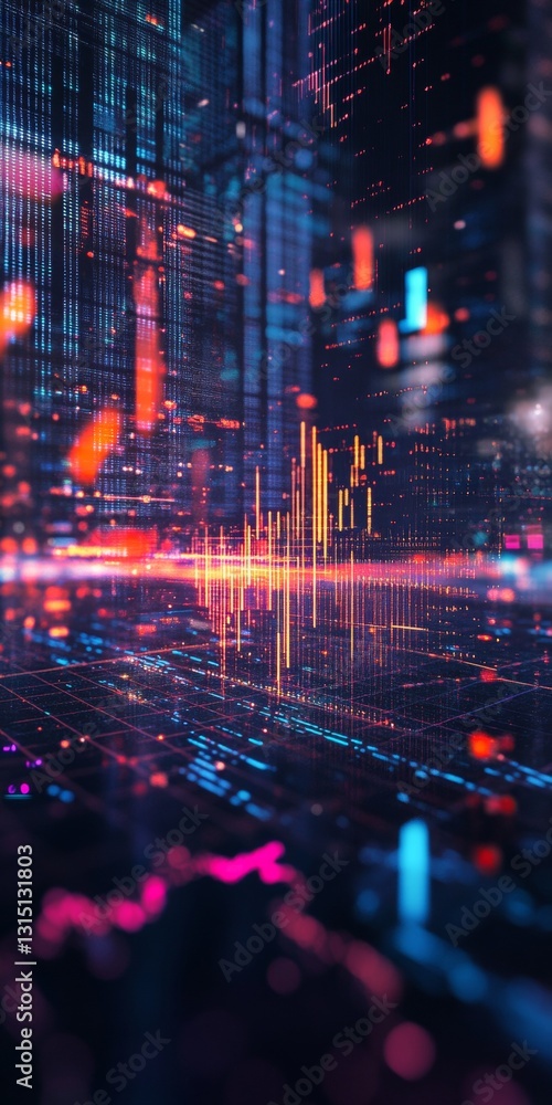 Aufkleber futuristic digital cityscape with neon lights and dynamic data flow visualization