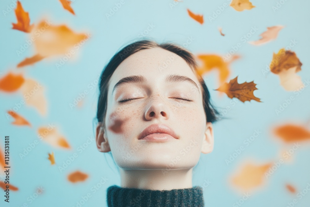Poster capture portrait of person immersed in autumn setting with leaves falling gently around and serene e