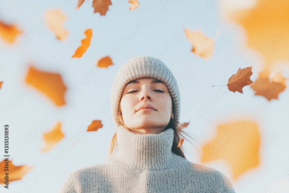 Poster capture portrait of person immersed in autumn setting with leaves falling gently around and serene e