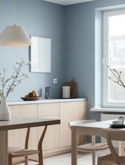 A stylish kitchen with furniture and a hanging light