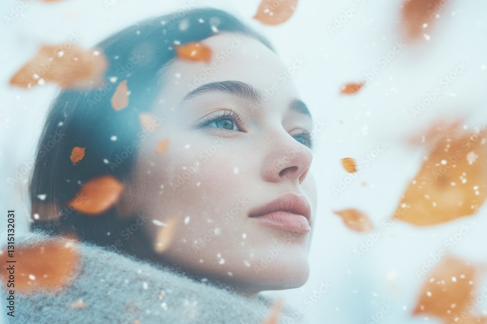 Poster capture portrait of person immersed in autumn setting with leaves falling gently around and serene e