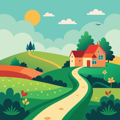 Naklejka premium Green Fields with Winding Path and Houses