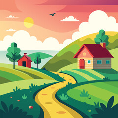 Naklejka premium Peaceful Village in Summer Landscape