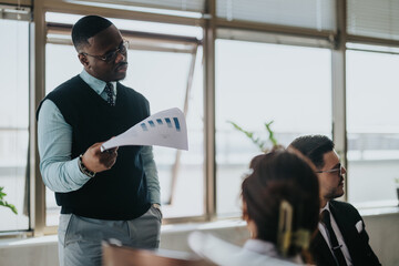 A diverse group of business people in a meeting room. One individual presents data to the attentive team. The setting is modern and collaborative, promoting professionalism and teamwork.