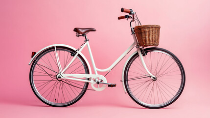 The retro vintage bicycle, complete with a brown basket, is shown in a photo against a pink background.