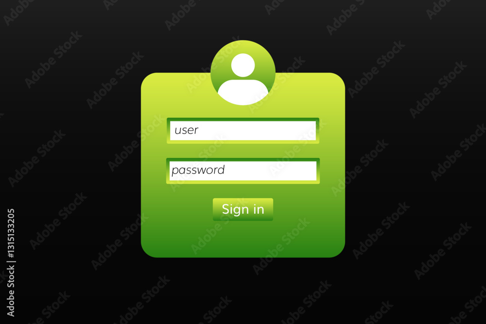 Poster green rectangle with user icon, sign in fields, and button. simple design