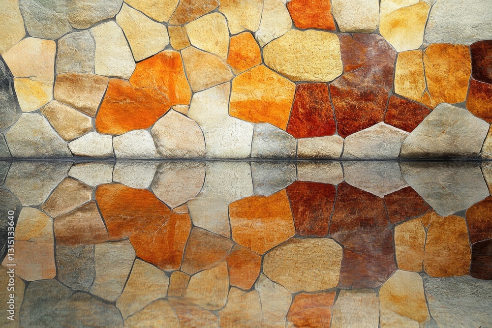 Poster irregular shaped stones in warm tones create a wall reflected in still water.
