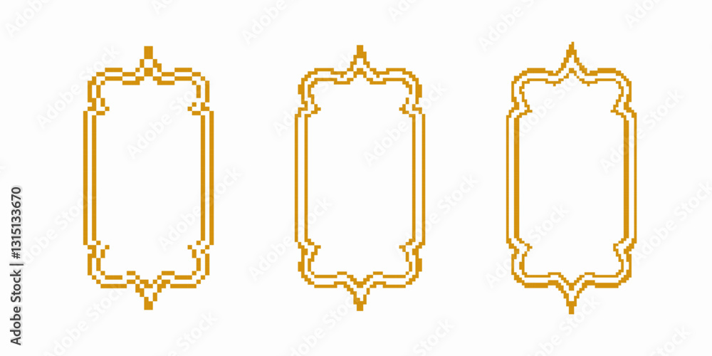 Poster three golden frames with detailed patterns in pixel art style. each frame boasts ornate contours.