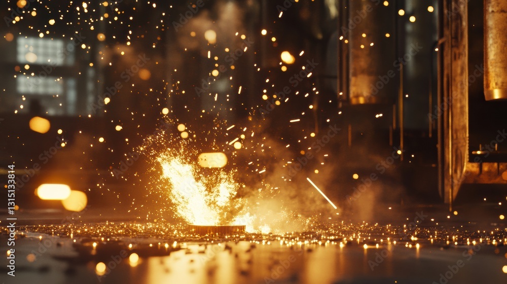 Poster molten metal pours into casting molds, igniting sparks and flames in an industrial setting filled wi