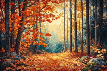Fototapeta premium Autumnal forest path, vibrant red and orange leaves carpet the ground, sunlight streams through tall trees.