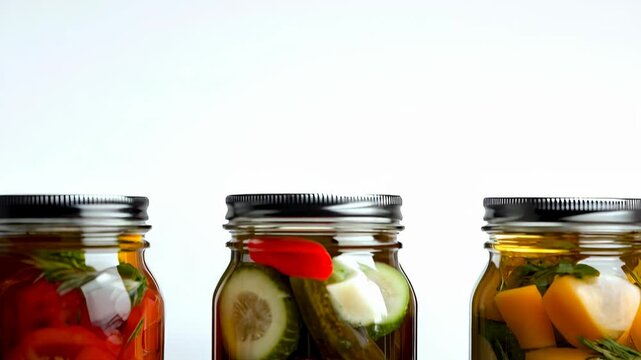 Jars of colorful preserved vegetables progressively filling the frame on white background