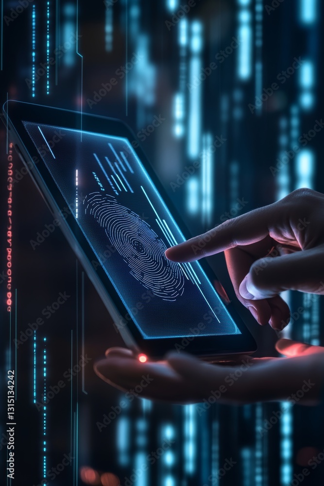 Poster a close-up view of a hand interacting with a digital tablet, showcasing a fingerprint scan interface