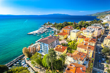 Historic tourist town of Opatija waterfront aerial view
