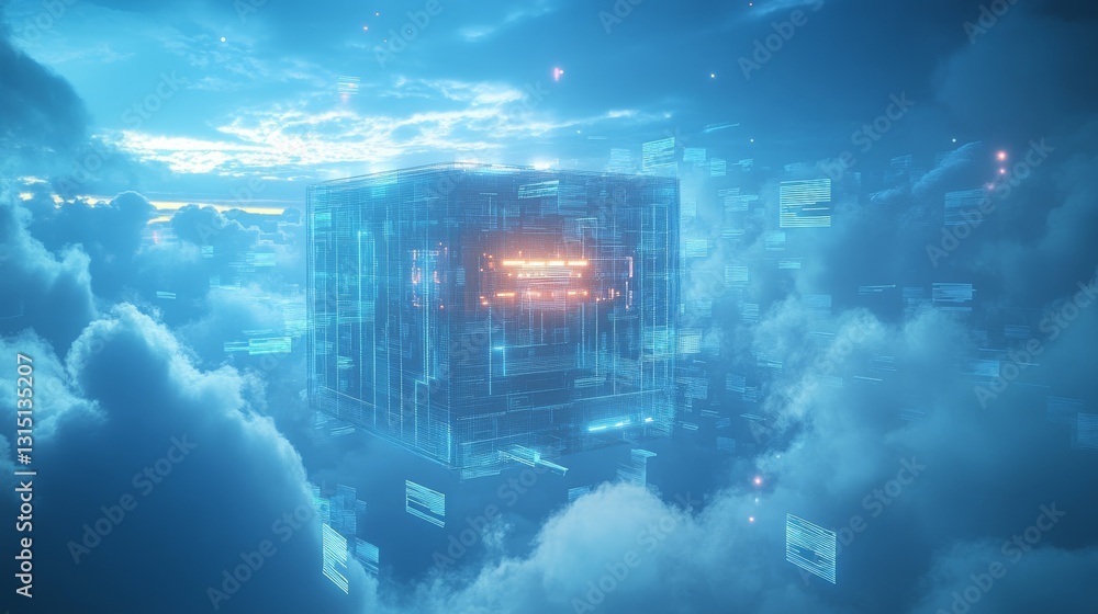 Aufkleber explore a captivating futuristic scene of a glowing data cube amidst dynamic clouds and digital ligh