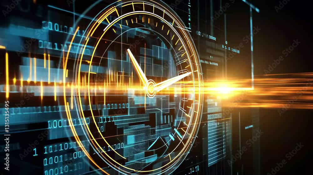 Poster clock face displaying dynamic data processing against a black backdrop with glowing elements, clock 