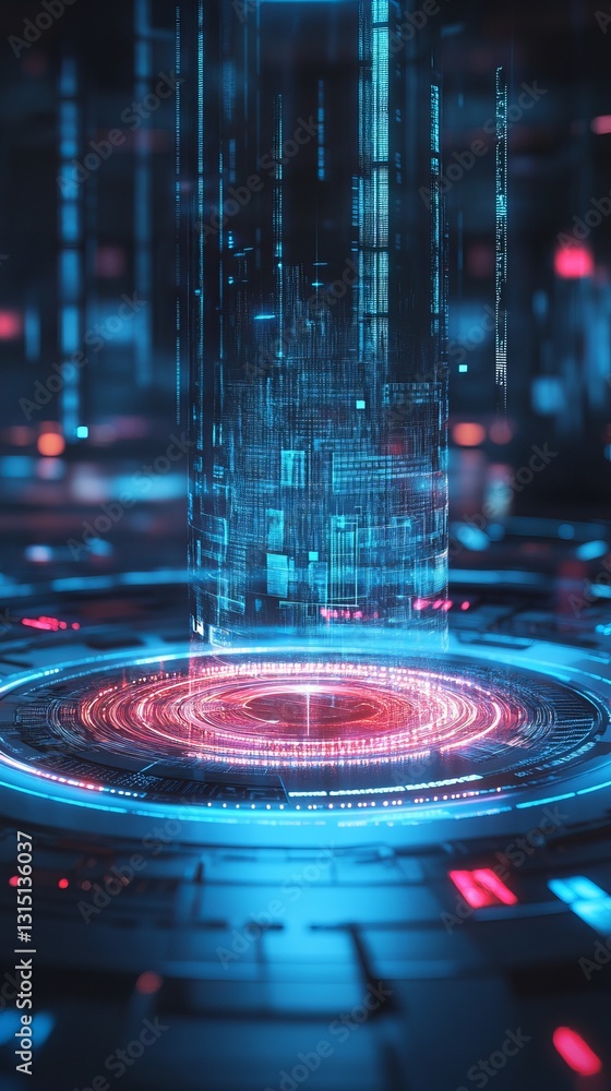 Poster futuristic digital interface with holographic data streams and neon lit circuitry