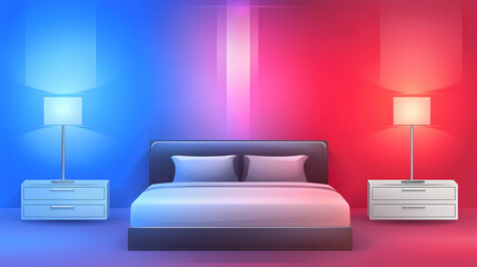 Modern bedroom with colorful lighting, nightstand lamps, and a comfortable bed; perfect for interior design websites or magazines