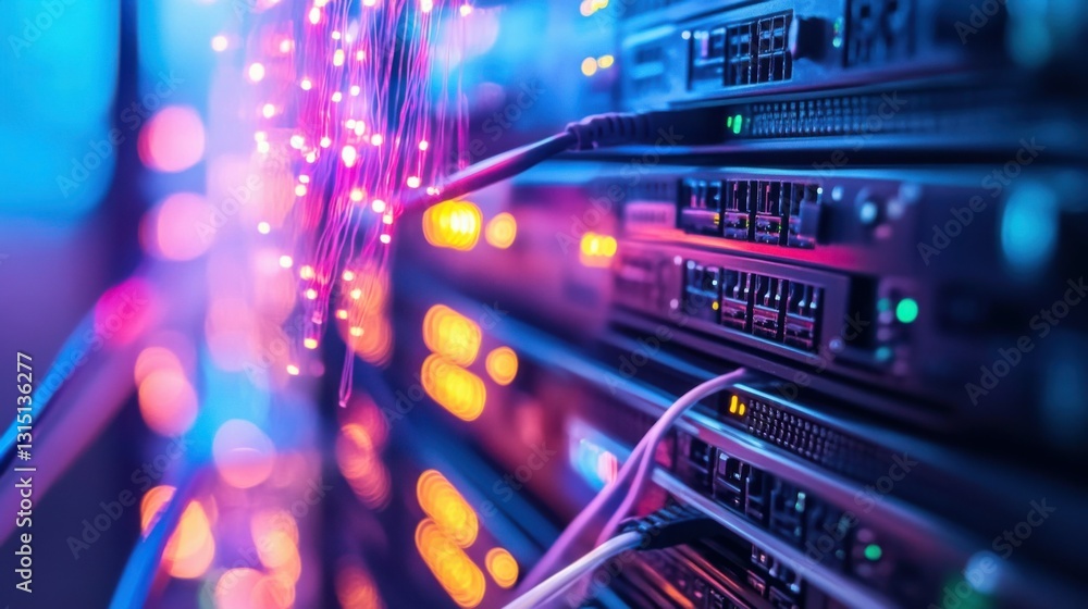 Poster a network of servers and data centers connected via fiber optic cables, symbolizing the concept of c