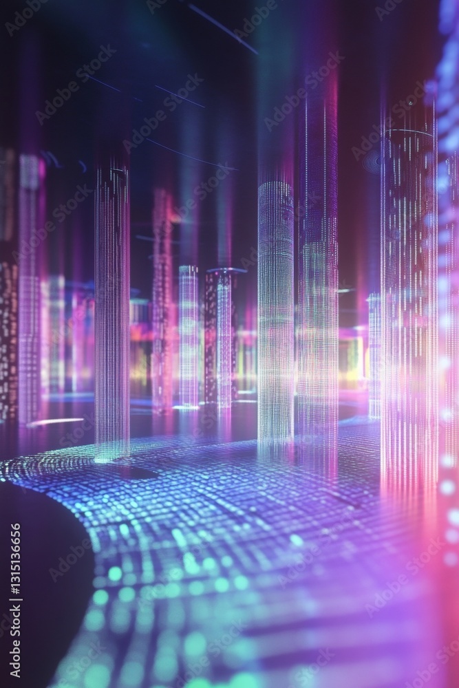 Poster futuristic digital landscape with colorful neon lights and abstract patterns in a dark environment