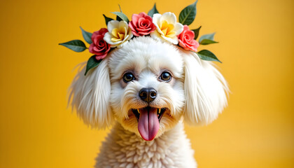 Happy White Dog Wearing Flower Crown, with Smiling Expression, Against Yellow Background © bastet