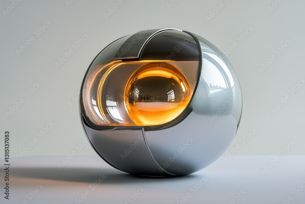 Poster a futuristic chrome sphere with an inner glowing amber light source, creating a captivating contrast