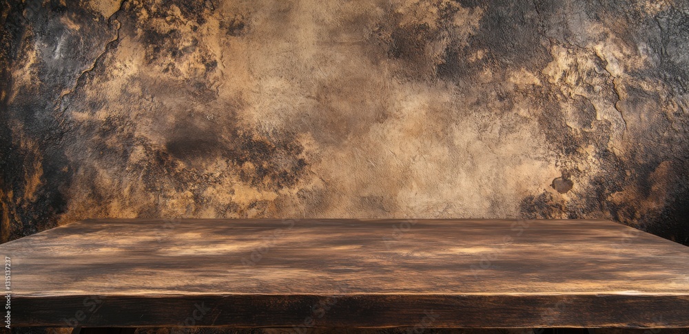 Poster beautiful, empty wooden tabletop counter on an interior background with the texture of a dark brown 