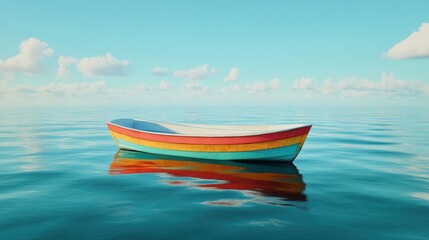 Naklejka premium A small colorful boat adrift on a calm sea against blue sky